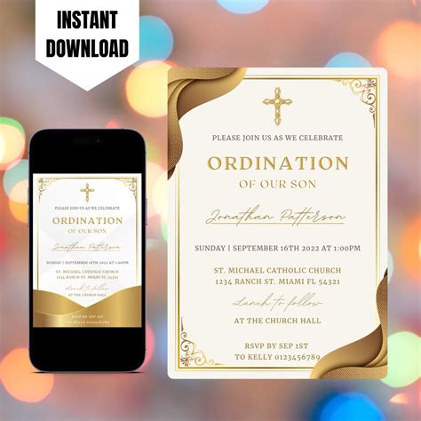 Editable Catholic Priest Ordination Invitation Printable Ordination Invitation Digital Priest