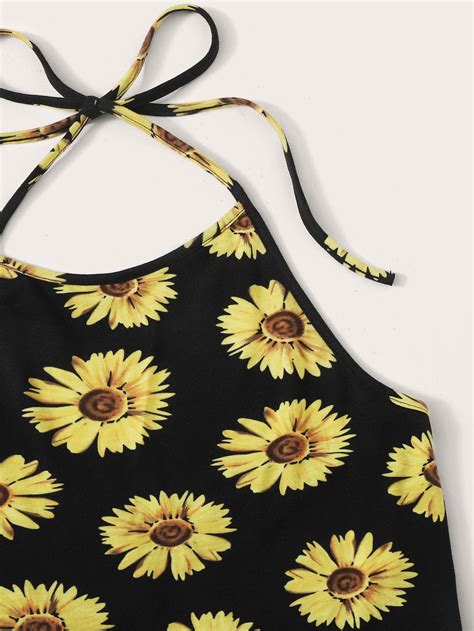 Sunflower Print Halter Crop Top Shein Uk