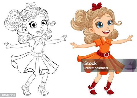 Karakter Kartun Happy Girl Dancing Dan Halaman Mewarnai Ilustrasi Stok