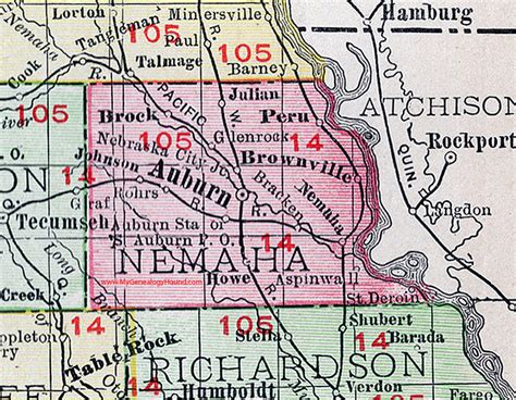 Nemaha County, Nebraska, map, 1912, Auburn, Brownville, Brock, Peru ...