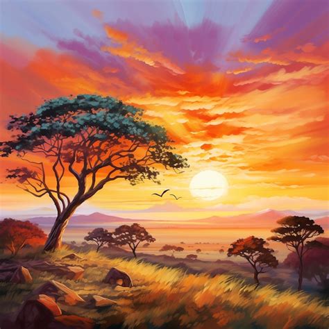 African safari sunrise landscape isolated tree sunny day in Africa ...