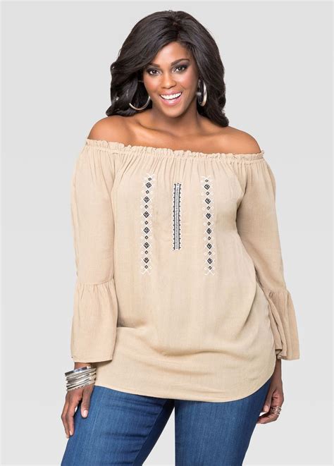 Embroidered Off Shoulder Peasant Top Plus Size Blouses Ashley Stewart