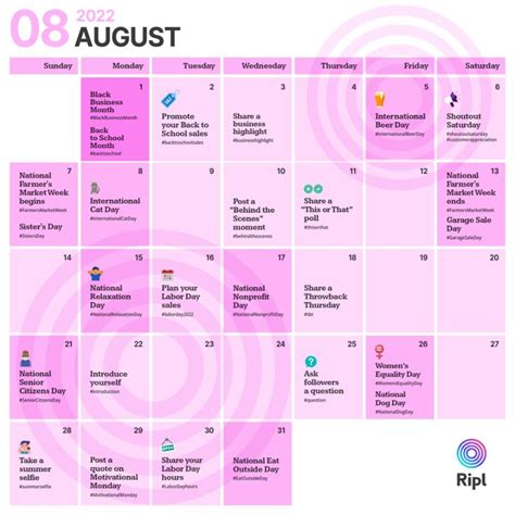 August 2023 Social Media Holiday Content Calendar Content Calendars