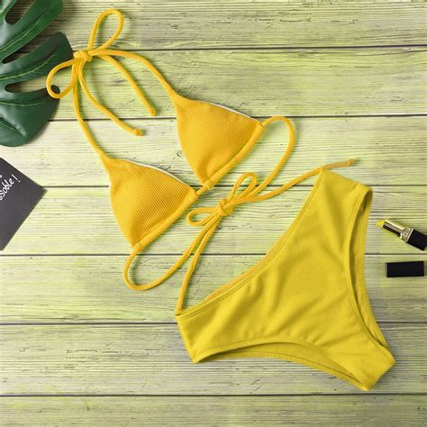 Women S High Waist Sexy Bikini Pure Color Swimsuit Padded Bathing Suit