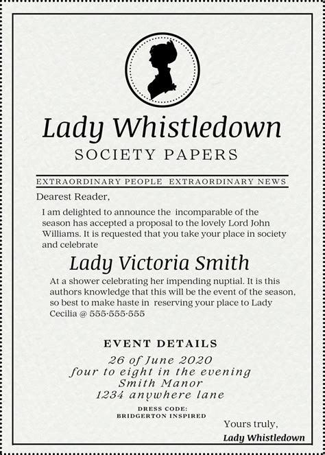 Editable Lady Whistledown Bridgerton Theme Bridal Shower Invitation