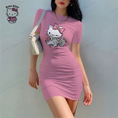 Hello Kitty Summer Dress 2024 Cartoon Sexy Nightclub Short Sleeved Dress Women‘s Tight Crewneck