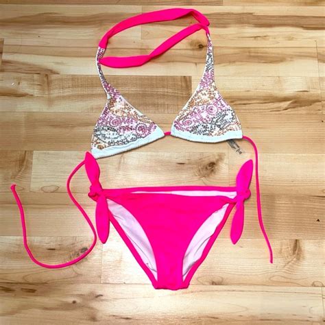Victoria S Secret Swim Sm Victorias Secret Sequin Neon Pink String Bikini Triangle Halter