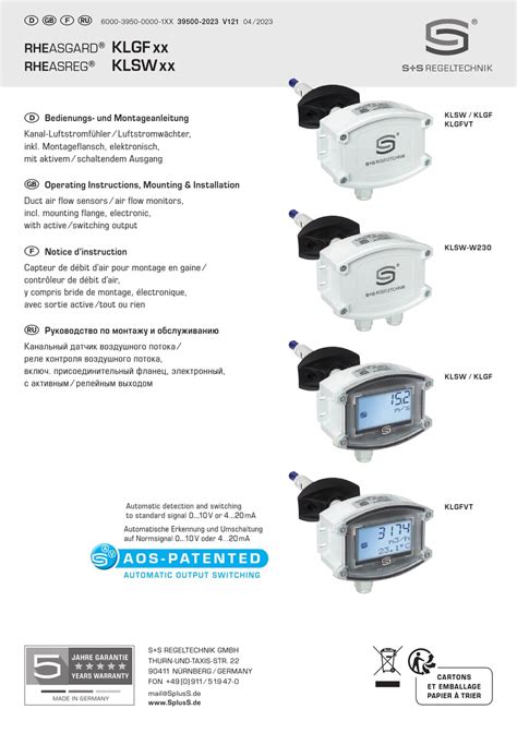 S S REGELTECHNIK RHEASGARD KLGF SERIES OPERATING INSTRUCTIONS MOUNTING