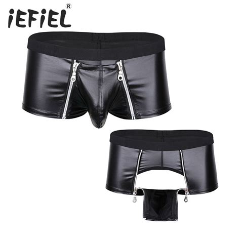 Men Faux Leather Zipper Pouch Sexy Lingerie Boxer Briefs Shorts