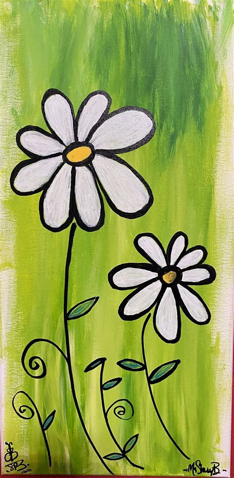 an acrylic painting of two daisies on a green background with swirls