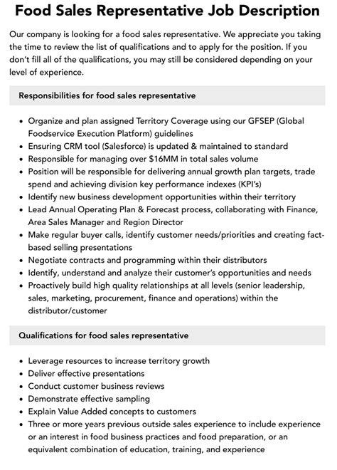 Food Sales Representative Job Description Velvet Jobs