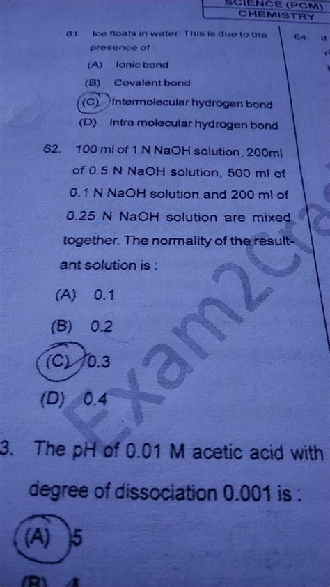 The pH of 0.01M acetic acid with degree of dissociation 0.001 is : | Filo