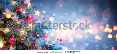 Christmas Tree Ornaments Blue Baubles Hanging Stock Photo 2374181739 ...