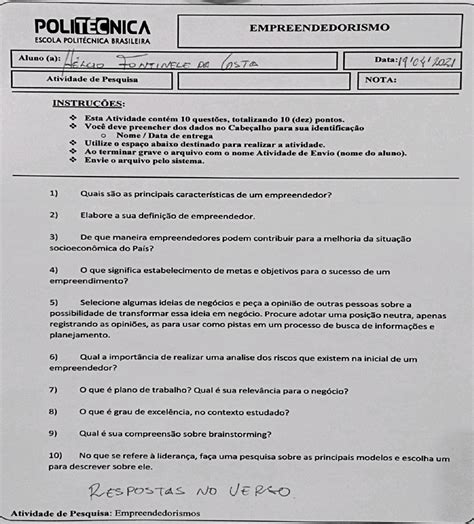 Atividade De Empreendedorismo Empreendedorismo