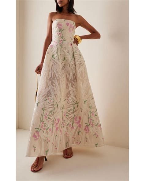 Elie Saab Floral Embroidered Tulle Midi Dress In Natural Lyst