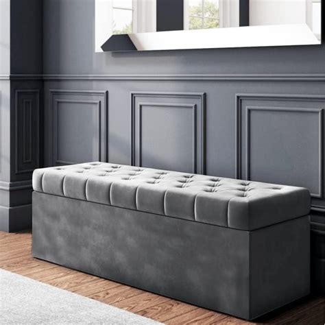 Chesterfield Ottoman Storage Box Steel Dark Grey Plush Velvet Storage