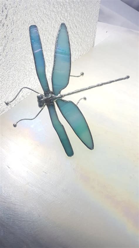 Elegant Ice Blue Stained Glass Dragonfly Sculpture