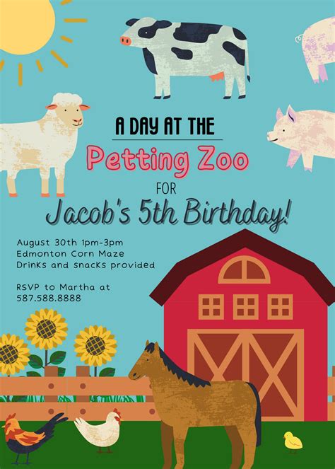 Petting Zoo Birthday Party Customizable Digital Invitation Farm Animal