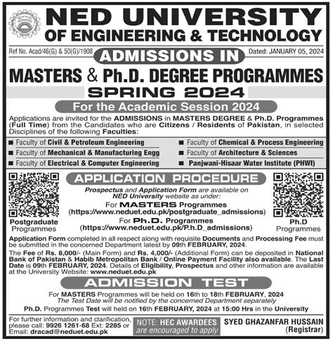 Master And Phd Program Admissions At Ned University Of Engineering 2024