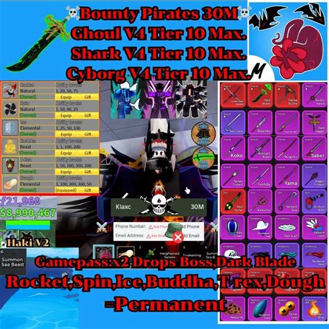 Blox Fruit Bounty Pirates 30M Lv 2550 Max Rocket Spin Buddha T Rex