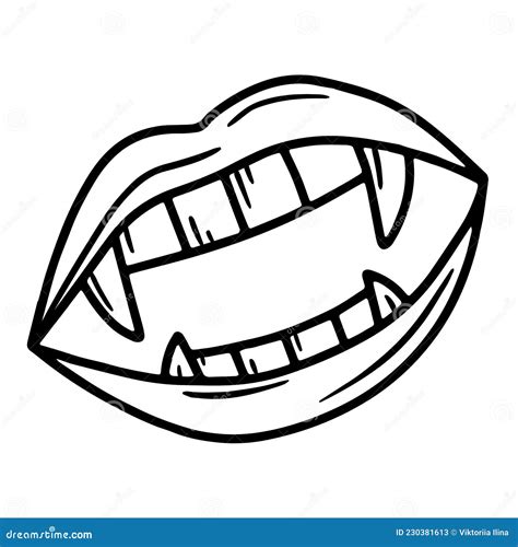 Vampire Mouth With Teeth Fangs Halloween Linear Vector Icon In Sketch Style Stock Vector