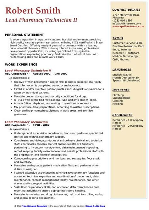 Lead Pharmacy Technician Resume Samples Qwikresume