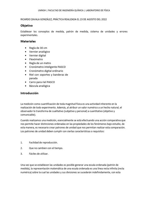 Práctica 1 Lab Física Ricardo Zavala González Pdf Medición