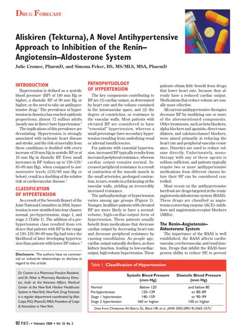 Pdf Aliskiren Tekturna A Novel Antihypertensive Approach To