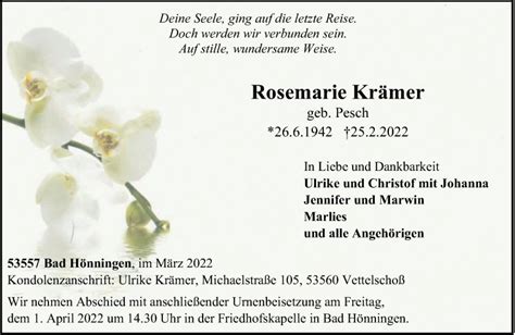 Traueranzeigen von Rosemarie Krämer rz trauer de