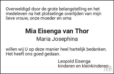 Mia Maria Josephina Eisenga Van Thor Overlijdensbericht En