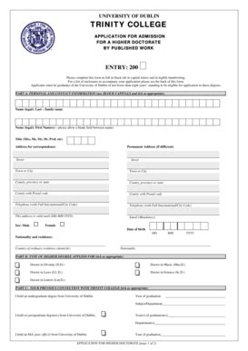 Fillable Online Tcd Application Form For Trinity College Dublin