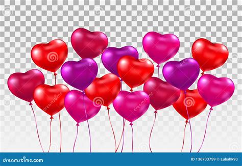 D Realistic Heart Ballons Set Bunch Of Glossy Red Pink Purple Heart