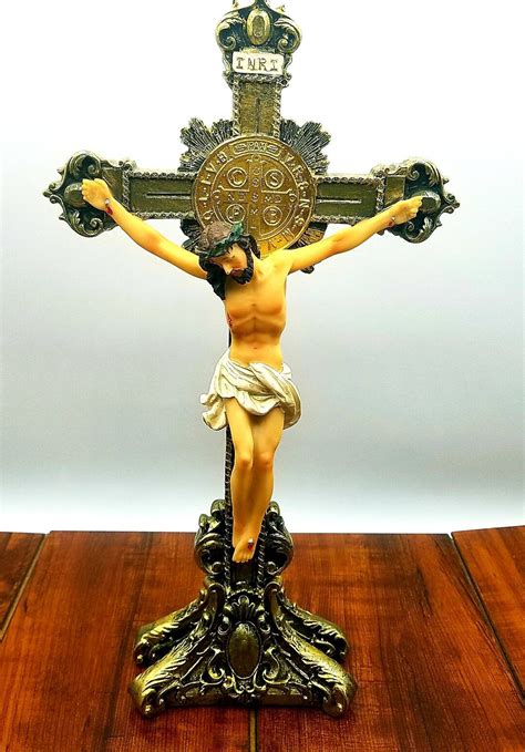 Inri Crucifix Jesus Christ Figurine Table Stand Altar Piece Antique