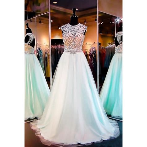 A Line Scoop Neck Open Back Long Mint Green Tulle Beaded Prom Dress