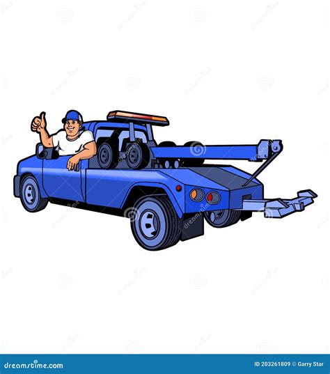 Blue Tow Truck Driver Red Uniform Holding A Paint Of Paint Cartoon