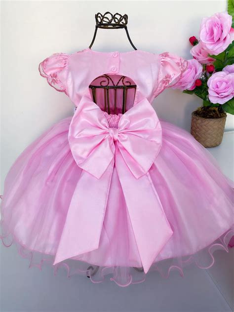 Vestido Infantil Rosa Rendado Cinto P Rolas Luxo Festas Rosa Charmosa