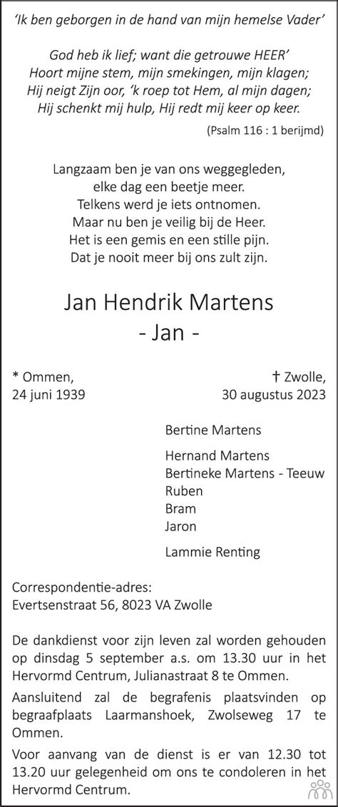 Jan Hendrik Martens 30 08 2023 Overlijdensbericht En Condoleances