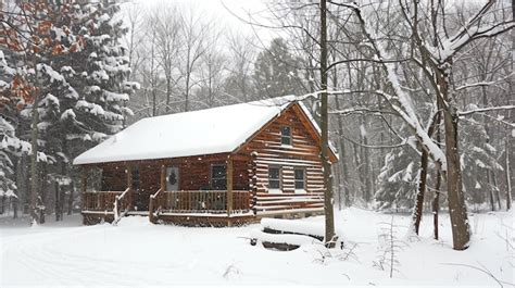 A Cozy Wooden Cabin Nestled In A Snowy Forest The Cabin Is Surrounded