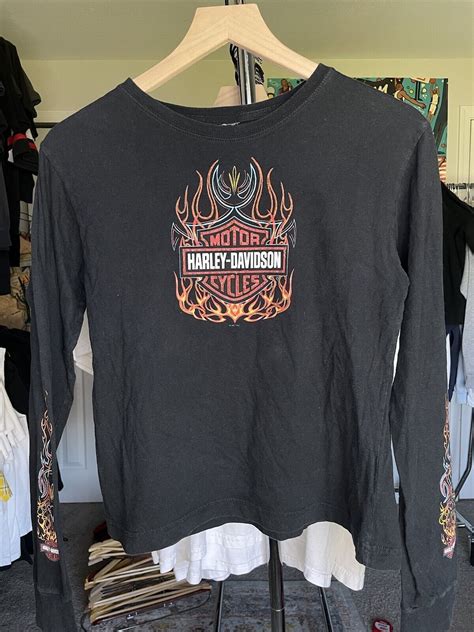 Vintage Y K Harley Davidson Flames Womens Longsleeve Gem