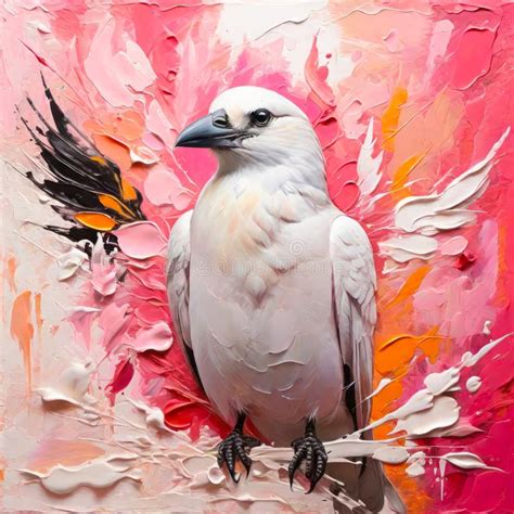 White Crow Oil Painting In White And Pink Color Shades Stock Photo