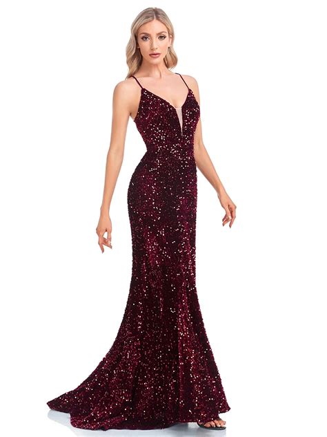 Lucyinlove Luxury Deep V Neck Burgundy Sequin Evening Dress Guest Wedding Party Maxi Dress