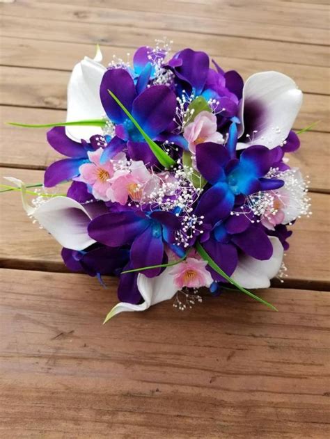 Galaxy Orchid Bridal Bouquet Purple Blue Island Orchid Etsy Purple