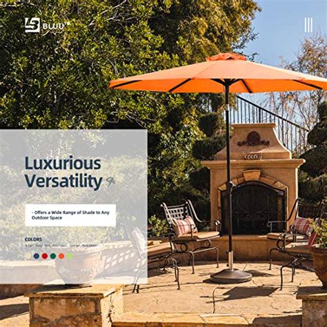 Bluu Patio Umbrella 9 Ft Outdoor Table Market Umbrellas With Push Button Tilt And Crank 8 Ribs