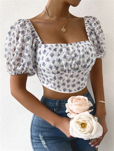 Ditsy Floral Square Neck Puff Sleeve Blouse