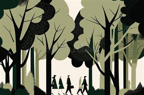 Minimalist Illustration Of People Walking In Park With Trees And