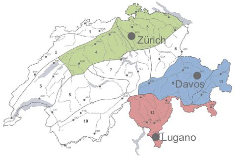 Swiss climate zones (numbered 1-12) according to [7] and extent of the... | Download Scientific ...