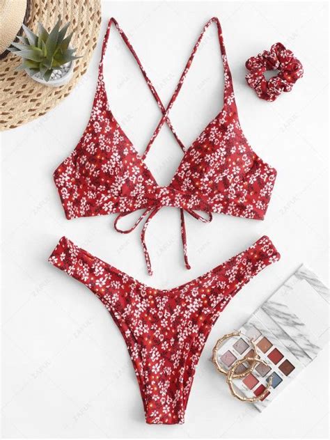 45 OFF POPULAR 2020 ZAFUL Tiny Floral Criss Cross Bikini Swimsuit