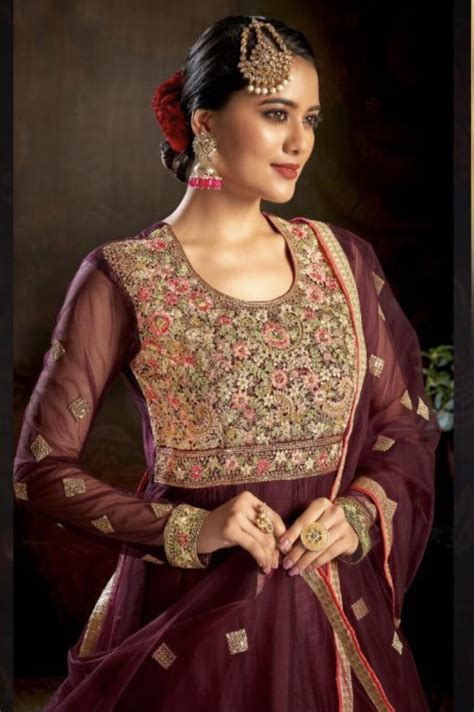 Maroon Net Embroidered Anarkali Suit Salwar Kameez Designer Collection