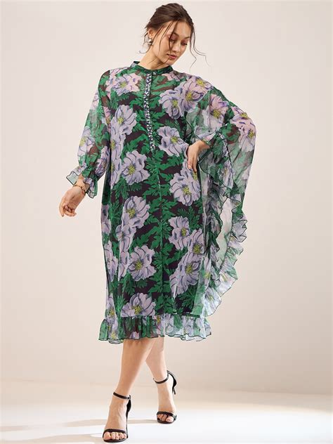 Buy Antheaa Green Floral Print Flared Sleeve Chiffon A Line Midi Dress