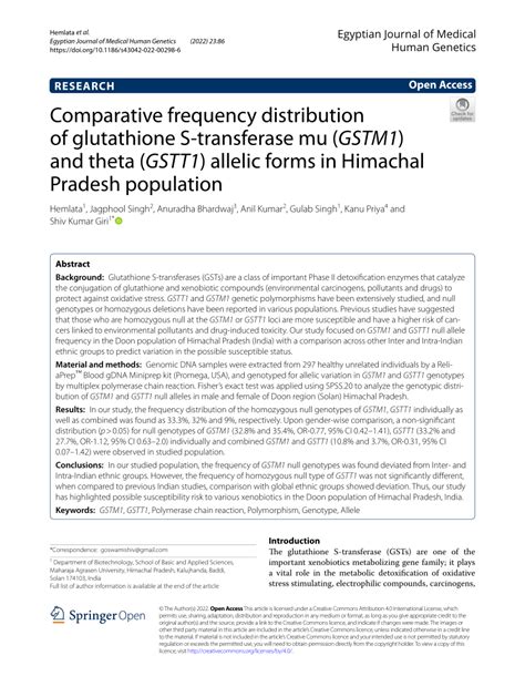 Pdf Comparative Frequency Distribution Of Glutathione S Transferase Mu Gstm1 And Theta